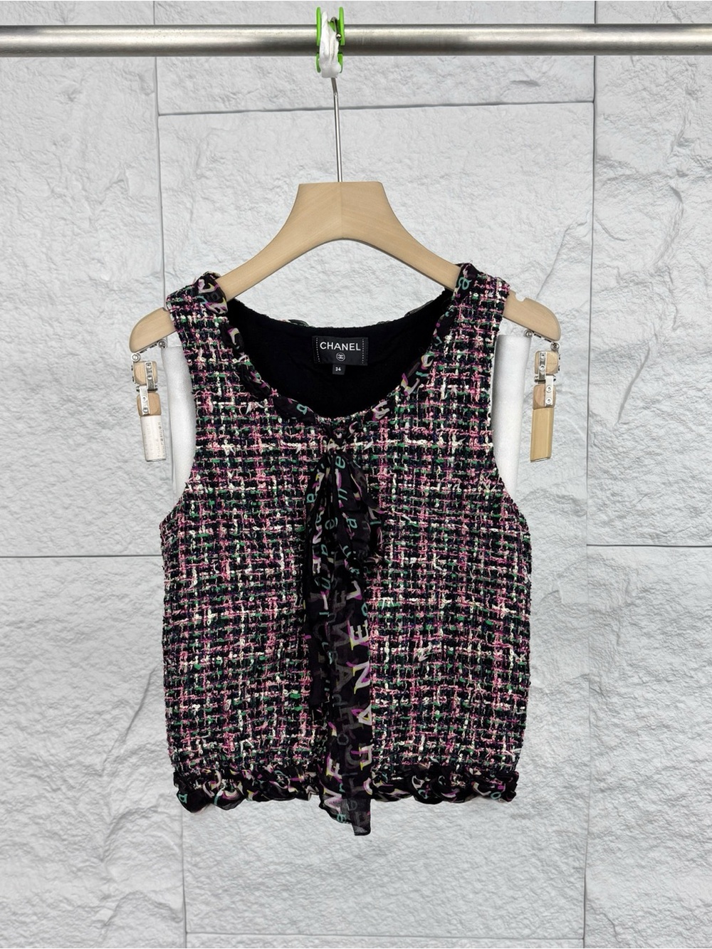 CHANEL Black, Pink & Green Tweed Bow-Front Sleeveless Top